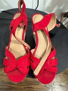 American Eagle By Payless Red Suede Strappy Block Heel Sandals